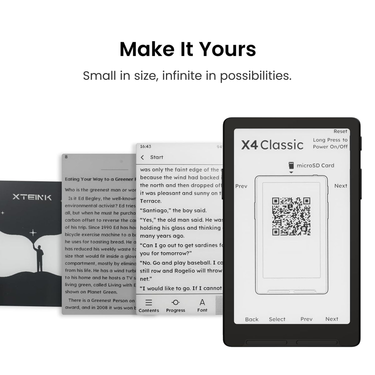 XTEINK X4 Classic Pocket eReader, Ultra-Light 68g & 4.9mm Thin,Reader Gifts | Ultra Thin 0.19" design, 4.3" E ink Paper-feel ,Dual Page Turn Button & Shake, Magnetic Pogo-pin attach,Extended Battery Life