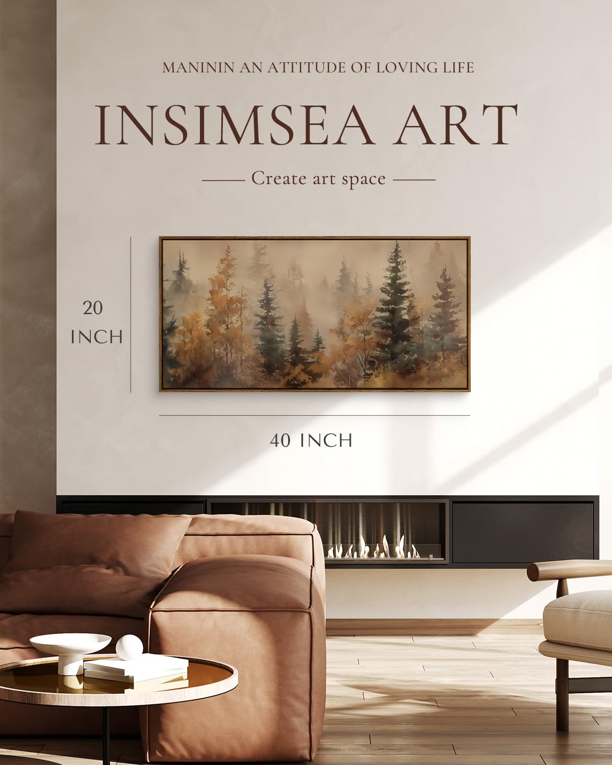 InSimSea Extra Large Framed Fall Wall Art, Forests Trees Landscape, 20x40in | Living Room Country Farmhouse Decor, Vintage Canvas Prints, Retro Long Pictures for Bedroom Above of Bed