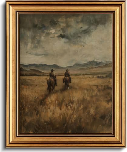 Gold Framed 3D Textured Wall Art, Vintage Western Cowboy Horse Canvas Prints, Wild West Mountain Landscape Pictures Decor, Mid-Century Equestrian Gallery Artwork for Living Room Office 16x12 in