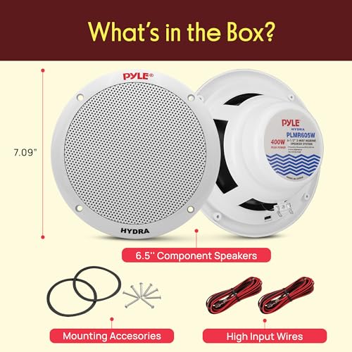 Pyle 6.5 Inch Dual Marine Speakers - 2 Way Waterproof and Weather Resistant Outdoor Stereo Sound System with 400 Watt Power, Polypropylene Cone and Butyl Rubber Surround - 1 Pair - PLMR605W(White)