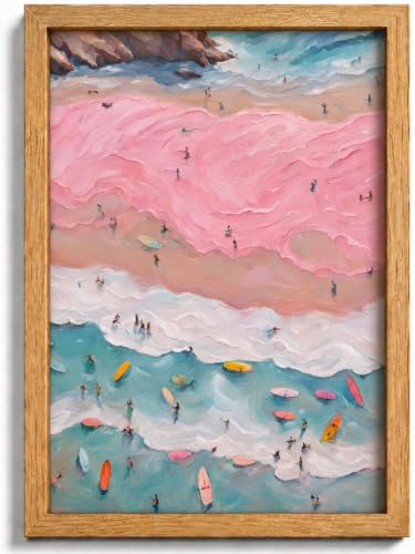 Framed Pink Coastal Canvas Wall Art,Girl Beach Surfers Picture Wall Decor | Summer Poster Print Artwork,for Bedroom Bathroom Girls Room Home Decoration 12x16 inch