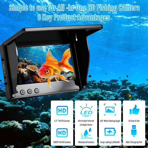 Underwater Fishing Camera 1080P HD 4.3" IPS Screen 50ft Cable | 6000mAh Battery, USB-C Charging, IR Night Vision, 220° Wide Angle, 66lb Cable, CE/FCC/RoHS, for Lake Boat Kayak Ice Fishing