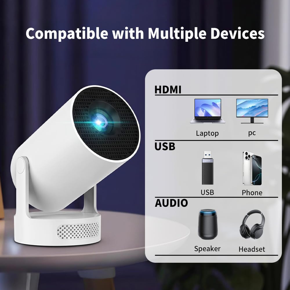 Mini Projector with WiFi and Bluetooth, Portable Projector Support 5w Soundbase Speaker, 170 ANSI, Auto Vertical Keystone, 180° Rotation Smart Projector Proyector for Home Bedroom Outdoor, HY300 Ultra