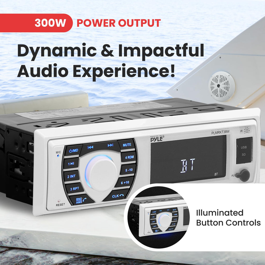 Pyle Marine Radio Receiver Speaker Set 12v Single Din Style Bluetooth Compatible Waterproof Digital Boat In Dash Console System with Mic 4 Speakers, Remote Control, Wiring Harness PLMRKT38W (White)