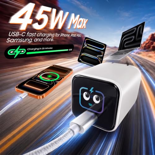 Smart Charging Butler–45W GaN Display Fast Charger with 6.6ft C-to-C Cable | Fast Charging,Active Cooling,90° Foldable Plug,Power Display,Device Recognition,Care Mode,for iPhone 18 Pro Max/17/16,eBook