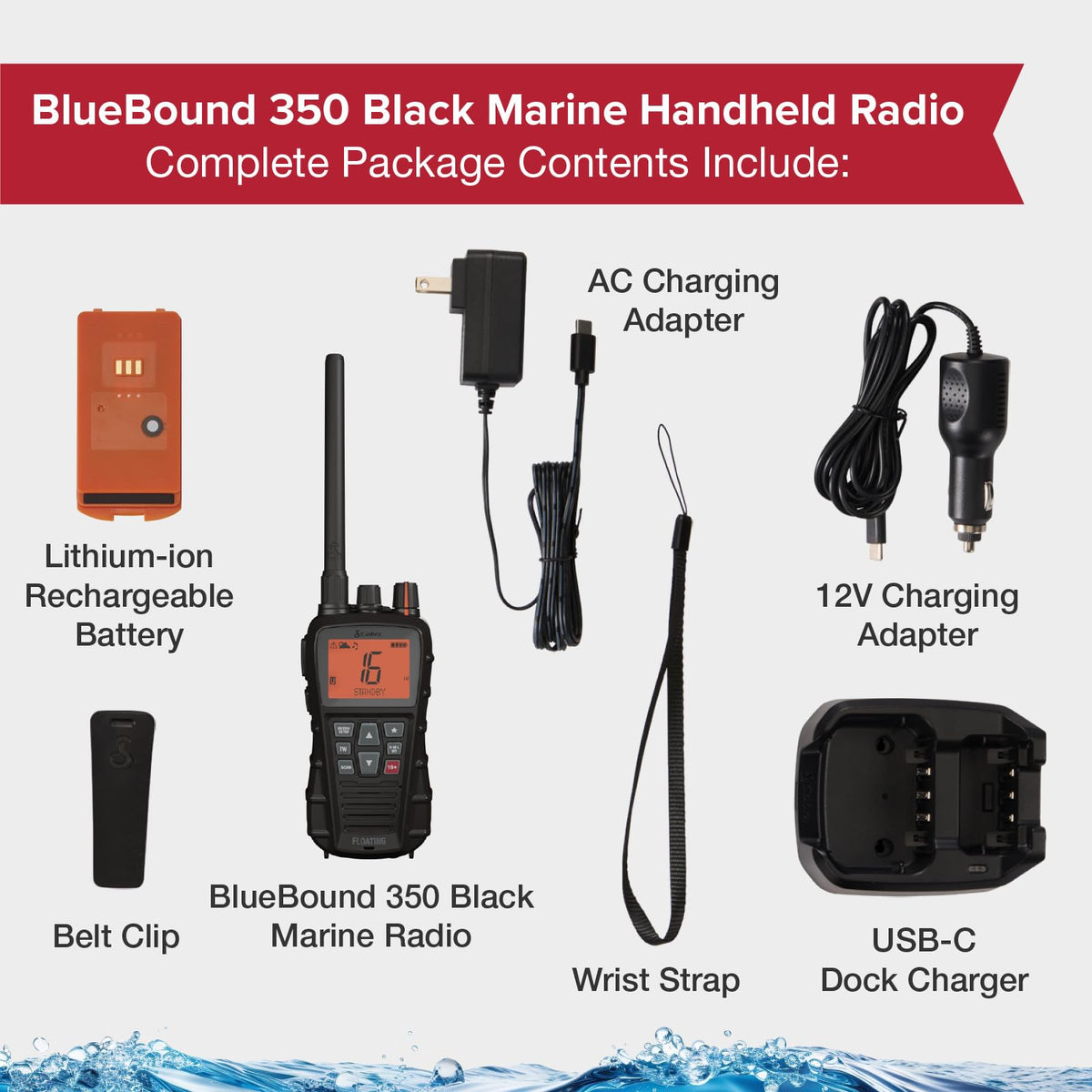 Cobra BlueBound 350 VHF Handheld Marine Radio, Black – 6-Watt, Floats | Long Range, NOAA Weather Alerts, International Functionality, IPX7 Waterproof, USB-C, Submersible, LCD Screen, Belt Clip