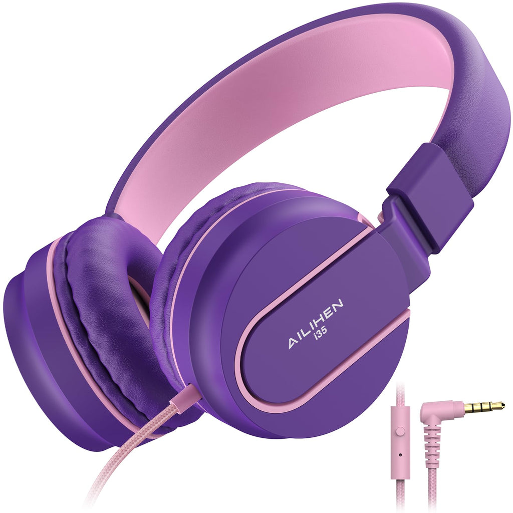 Kids Headphones for School with Microphone, 93dB Volume Limited, PinkPurple | Wired On Ear Headphones for Girls Boys, Foldable Lightweight Headphone for Classroom Learning & Entertainment Travel Computer