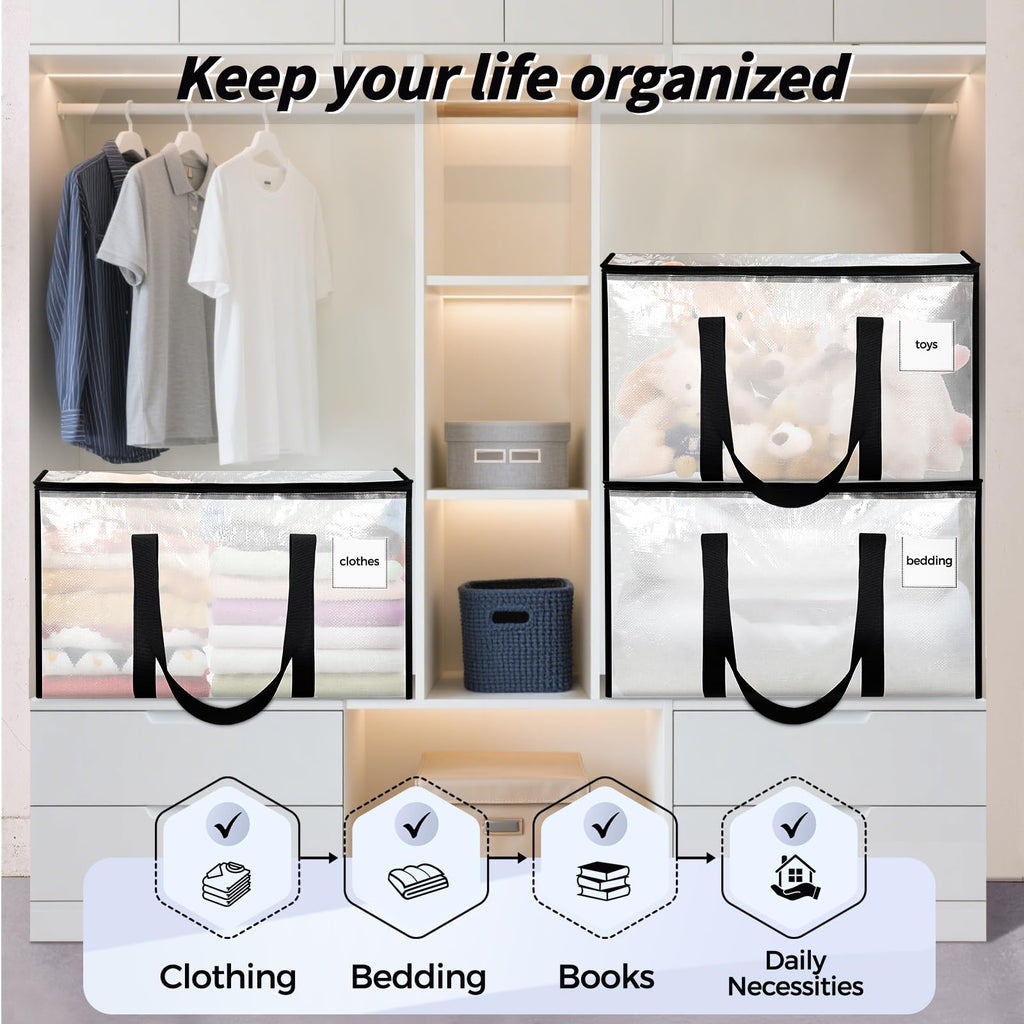 ukeetap 8 Pack Extra Large Clothes Storage Bins with Lids, Clear | Storage Bags with Reinforced Handles & Heavy-Duty Zippers, Moving Bags Boxes Totes for Clothes Packing, Dorms, College
