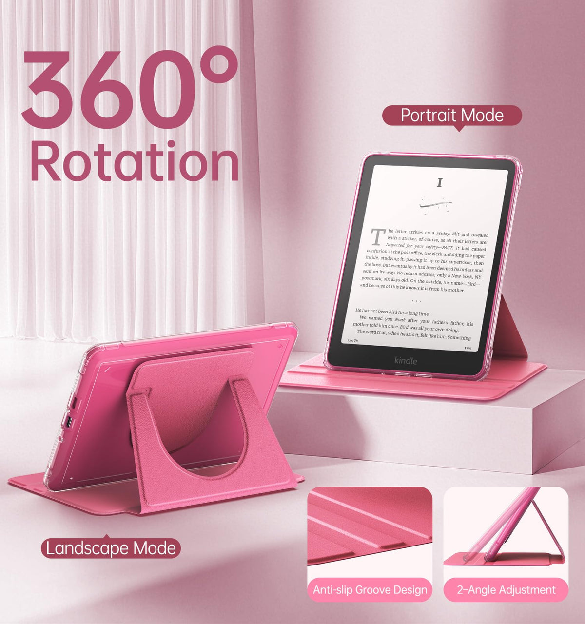 MoKo 360°Rotating Case for 7"Kindle Paperwhite 12th Gen/Colorsoft,Raspberry | Detachable Magnetic, Clear Back, Adjustable Stand Cover, Auto Wake/Sleep, for Kindle Colorsoft 1st Gen 2025/2026