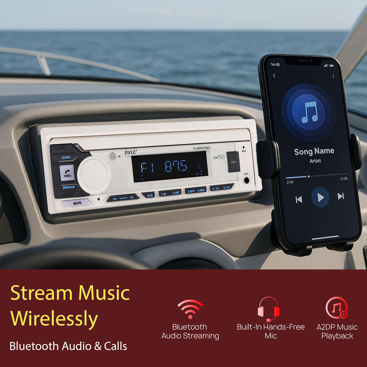 Pyle Marine Radio Single DIN Receiver – Bluetooth Wireless Streaming, AM/FM Tuner, USB/AUX MP3 Playback, Hands-Free Calling, Remote Control, RGB Buttons, Splash-Resistant Stereo Upgrade