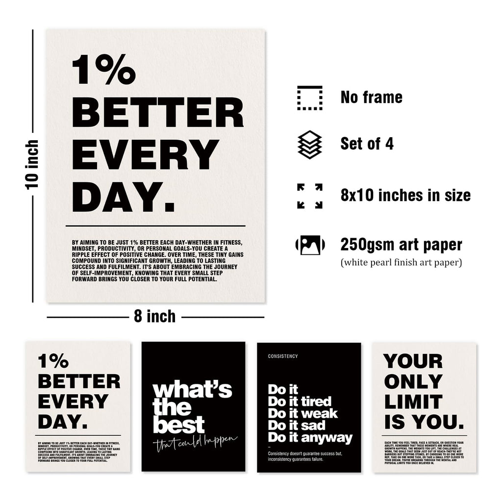 DSHFG Motivational Inspirational Office Wall Art Decor Prints Set of 4 | Black Office Motivational Wall Decor Trendy Retro Positive Affirmations Quotes Wall Decor Gym Posters, 8x10 Unframed