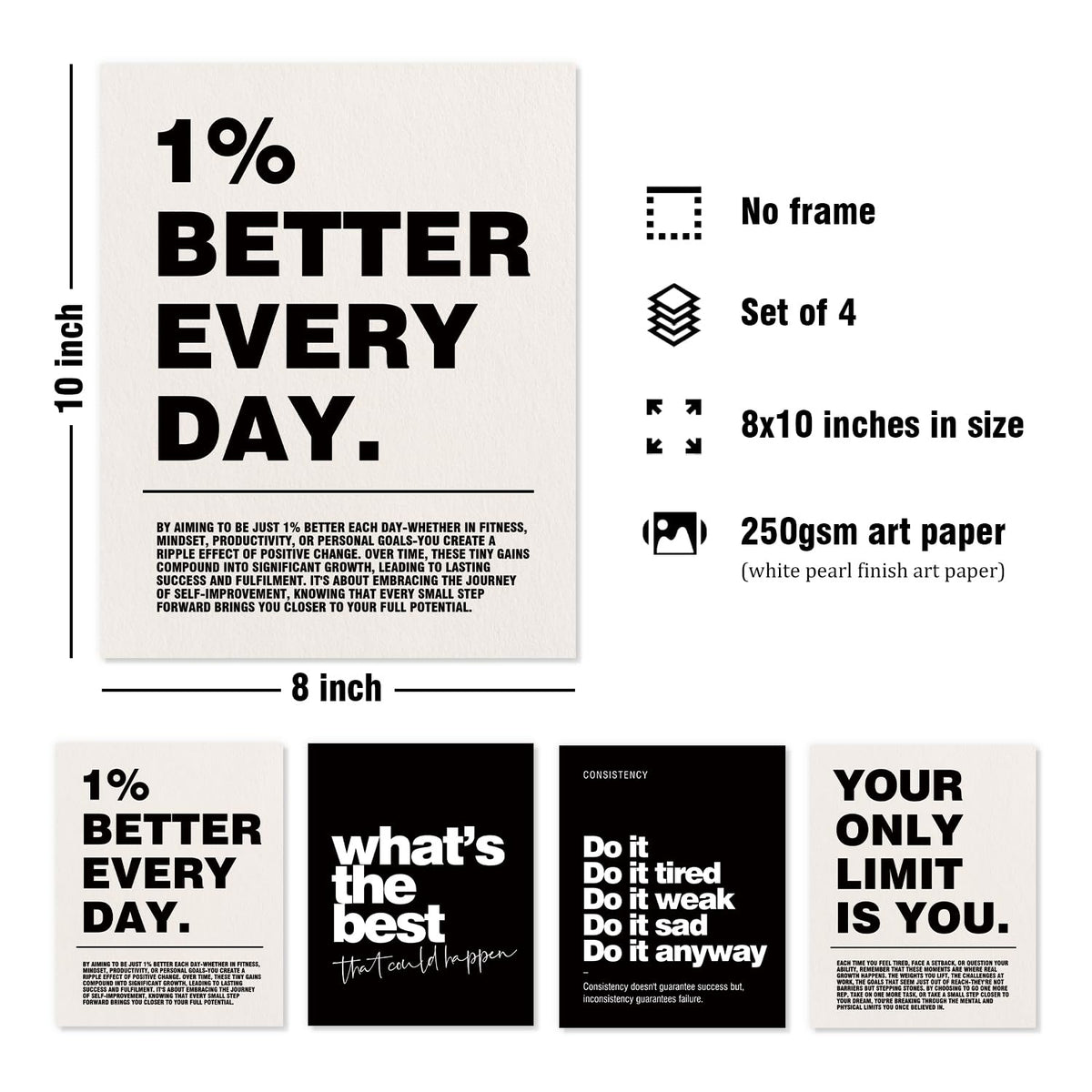 DSHFG Motivational Inspirational Office Wall Art Decor Prints Set of 4 | Black Office Motivational Wall Decor Trendy Retro Positive Affirmations Quotes Wall Decor Gym Posters, 8x10 Unframed