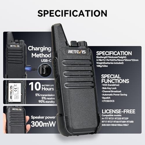 Retevis RT22 Commercial FRS Walkie Talkies Rechargeable Long Range (6 Pack) | Slim & Lightweight 2 Way Radio, For K-12 & Retail, Comfortable for All-Day Wear, Loud & Clear Audio, Charge 6 Radios At Once