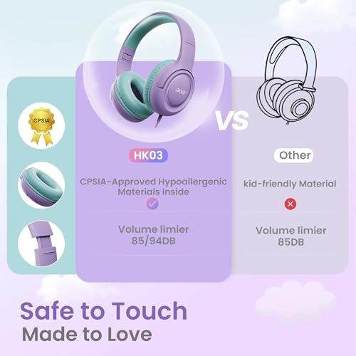 Acer Kids Headphones for School, 85-94dB Limiter, 3.5mm Jack, w/Mic HK03