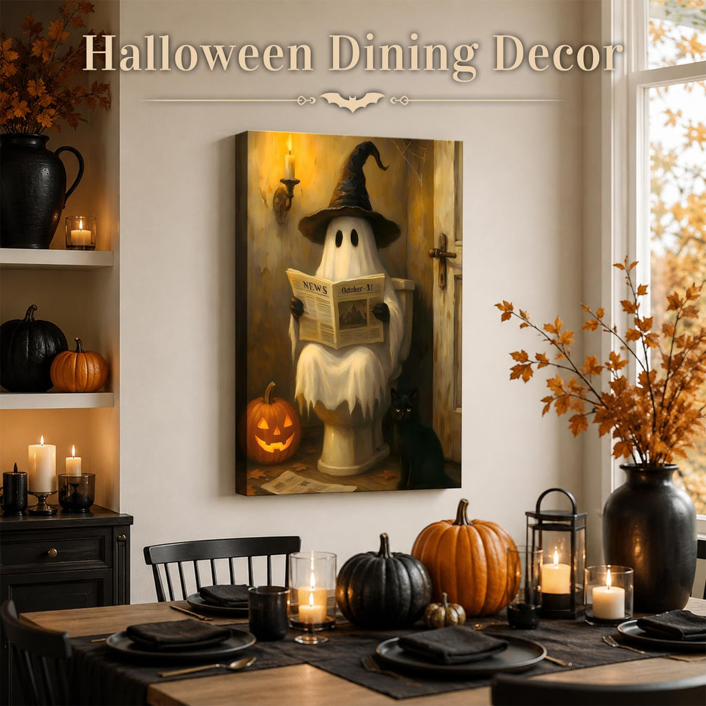 Framed Halloween Ghost Bathroom Canvas Wall Art 8x12 In, Funny Spooky Toilet Scene Canvas Prints Artwork, Dark Halloween Wall Decor Pictures for Office Home Decoration