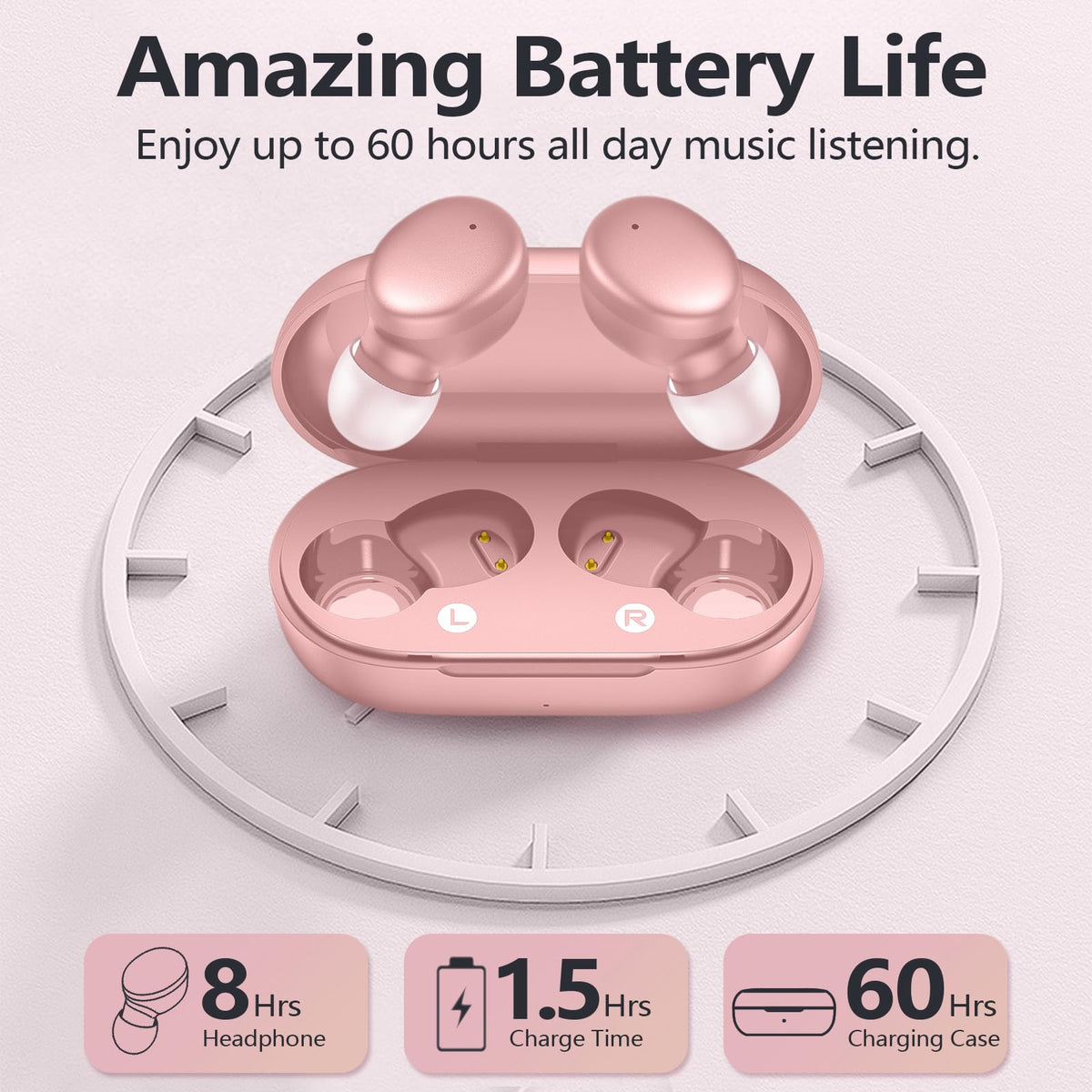MOZOTER Mini Wireless Earbuds Bluetooth 5.3 in Ear Headphones Headsets | Light Weight,60Hrs Playtime Ear Buds with Charging Case,Smart Touch Control,Premium Sound with Deep Bass for Sport-Pink