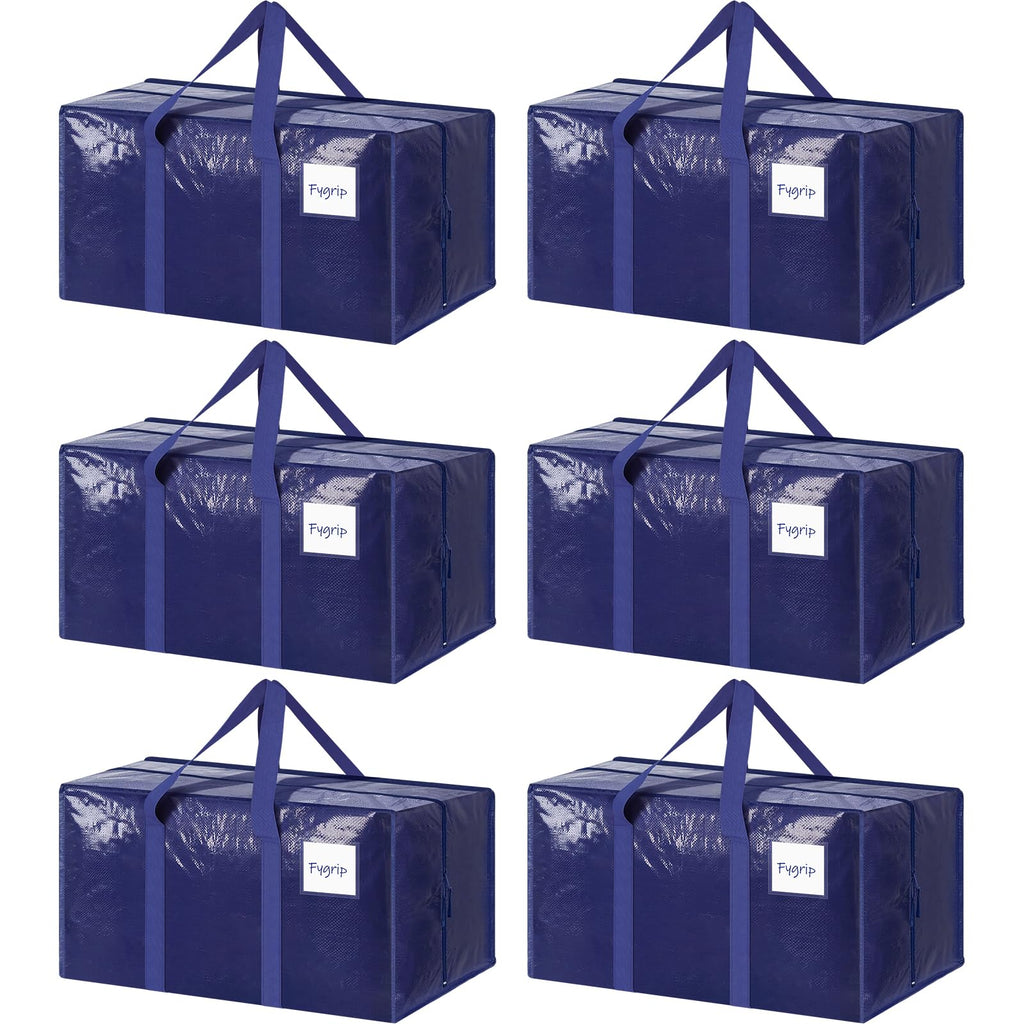 6 Pack Extra Heavy Duty Large Moving Bags with Strong Zipper, Dark Blue | Comfortable Handles, Sturdy & Durable Clothes Storage Bags Totes Bins, Blue Packing Moving Boxes for College Supplies