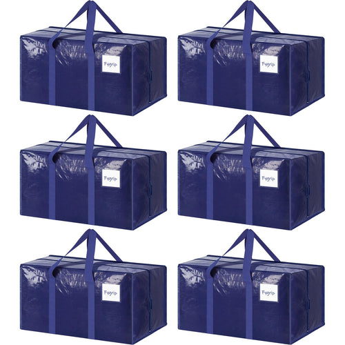 6 Pack Extra Heavy Duty Large Moving Bags with Strong Zipper, Dark Blue | Comfortable Handles, Sturdy & Durable Clothes Storage Bags Totes Bins, Blue Packing Moving Boxes for College Supplies
