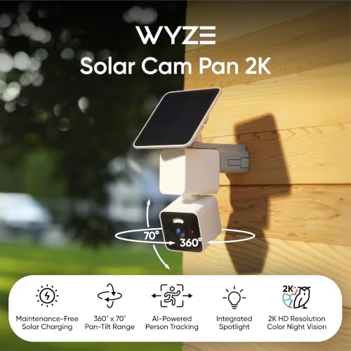 WYZE Solar Cam Pan, 2K Security Cameras Wireless Outdoor, Battery Powered | 360° Pan-Tilt, Battery Powered, 2.4 GHz Wi-Fi camera, AI motion detection, Color night vision, Cameras for home security