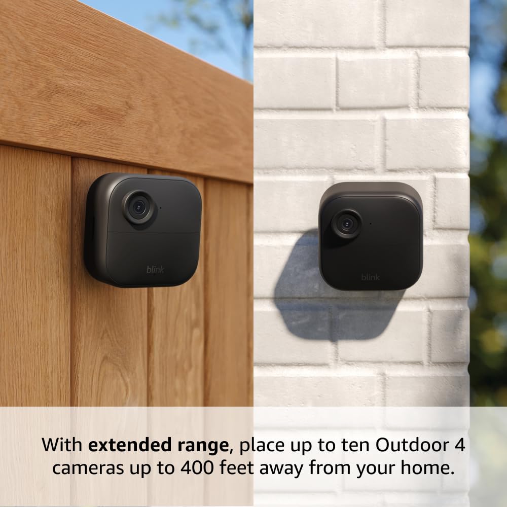 Blink Outdoor 4 XR – two-year battery wireless camera with 4x security coverage, 1000 ft open-air range or 400 ft with typical use — 4 camera system.