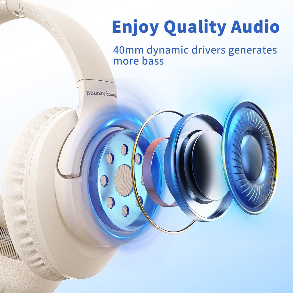 Wired Headphones with Microphone for School, 3.5mm Corded Headphones, Beige | Wired Over Ear Foldable Plug in Headphones, 4.9ft Tangle-Free Nylon Cord for School, Tablet, Laptop, MP3/4, Airplane Travel
