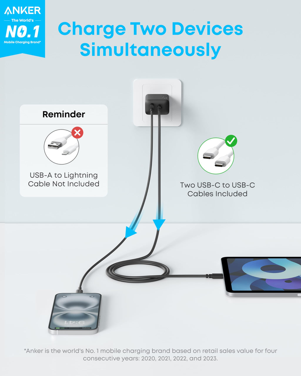Anker Phone Charger, 20W USB C Charger Block, Type C Charger Fast Charging | For iPhone 18 Pro/17/17 Plus/17 Pro Max/16/16 Plus/16 Pro Max/15 Pro Max/iPad Pro and More (2-Pack with 2 Cables, Black)