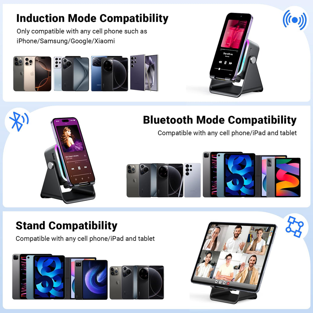 Induction Speaker with Phone Stand 5 in 1 Wireless Bluetooth Audio Black | Phone Speaker Amplifier for iPhone & Android with RGB Light and USB Wired Charging, Birthday Gift for Men Women Teens