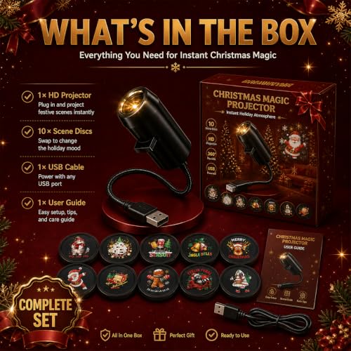 10 Pack Plug and Play HD Christmas Projector, 10 Festive Scenes, 360° Flexible Neck for Bedroom,Home Theater,Car