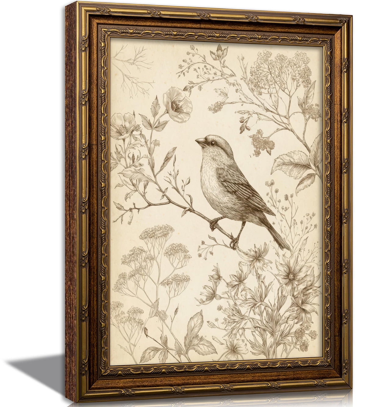 Vintage Gold Framed Bird Canvas Wall Art Retro Farmhouse Sparrow Painting Picture Wall Decor Rustic Floral Botanical Poster Print Artwork for Living Room Bedroom Home Decoration