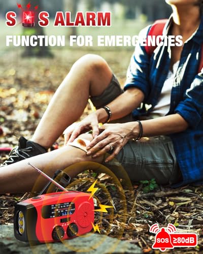 Emgykit Hand Crank Radio with AM/FM/NOAA Weather Band,for Emergencies | 3 LED Flashlights,SOS Function,Solar Powered,Hand Cranked, 2000mAh/7400mWh Charger,for Power Outage - Red