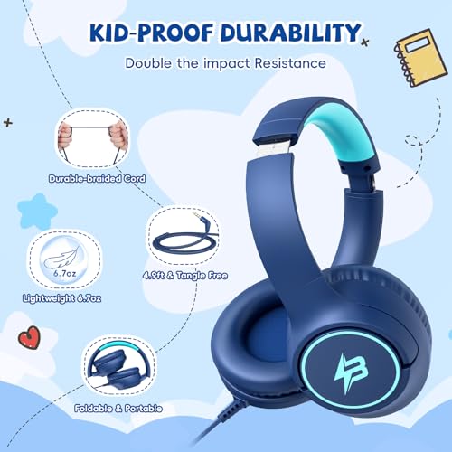 Kids Headphones Wired for School, 3.5mm Safe Volume Limited with Mic, Navy | Plug in Kid headphones with Cord, Over Ear Foldable, 85/94dB for Toddler Boy Girl Classroom Chromebook Tablet Airplane Travel