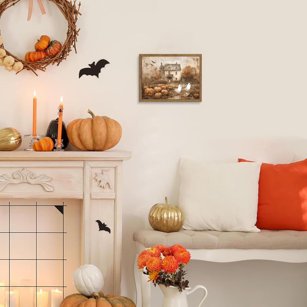 Framed Vintage Halloween Ghost Wall Art - Cute Ghost Pumpkin Canvas Print, Gothic Dark Academia Spooky Fall Wall Decor, Haunted House Artwork for Living Room Bedroom, 8x10 inch Wood Frame