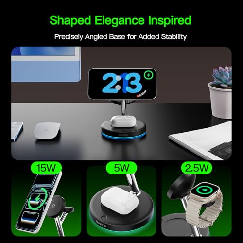 3 in 1 Mag-Safe Wireless Charger Stand for iPhone Apple Watch AirPods | Adjustable Blue Ambient Light,15W Magnetic Charging Station for iPhone 17 16 15 14 13 12 Series wireless charging station
