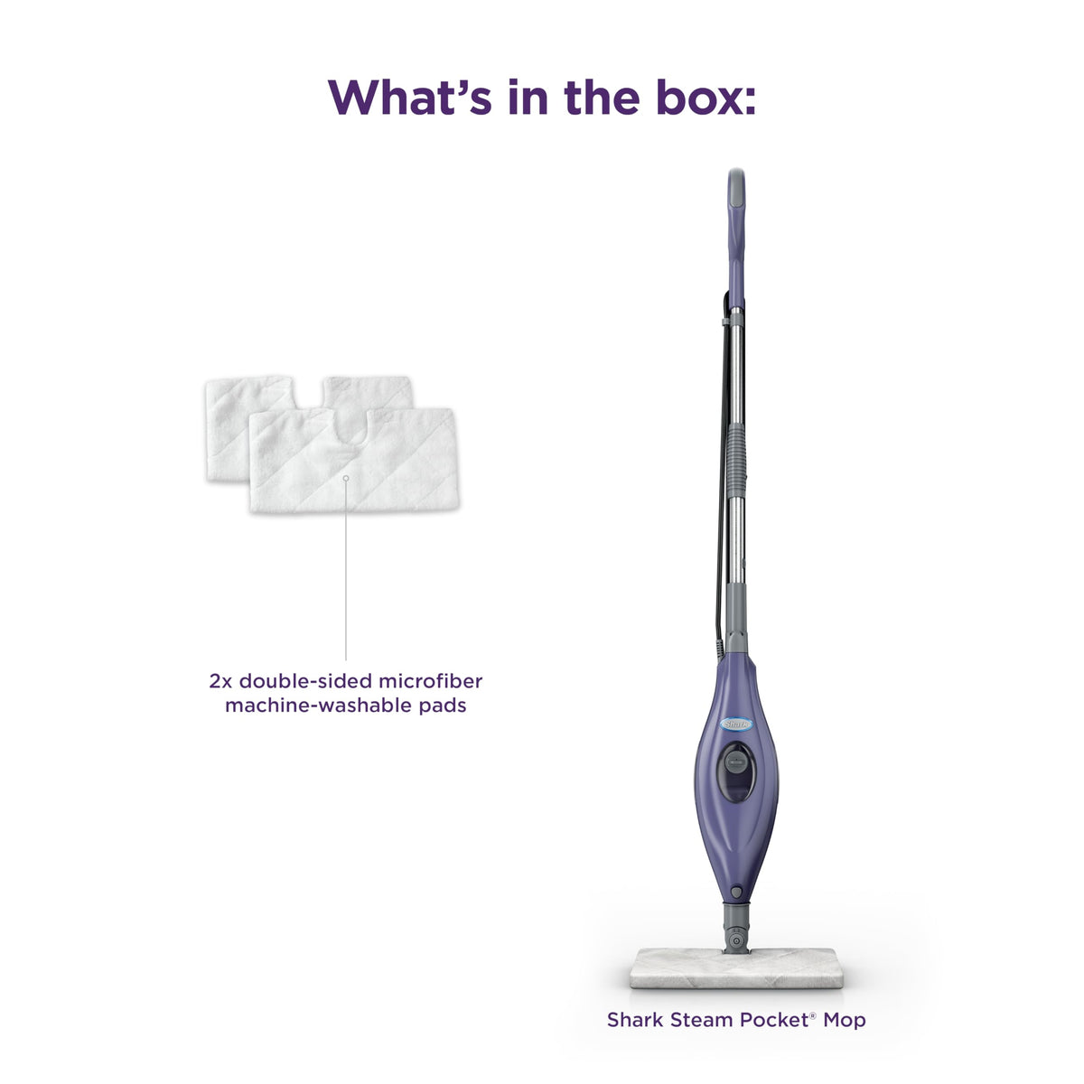 Shark Steam Pocket Mop with 2 Washable Double-sided Pads, Purple, S3501 | Lightweight, 2 Machine Washable Double-Sided Microfiber Pads, Swivel Steering, Steam Sanitization on Sealed Hard Floors