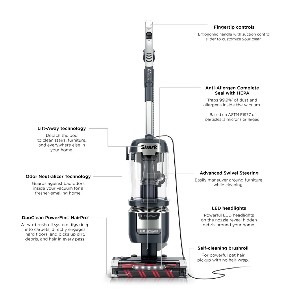 Shark Rotator Lift-Away Vacuum, DuoClean PowerFins, Dark Grey, LA555 | Self-Cleaning Brushroll, Odor Neutralizer, Lift-Away ADV, HEPA Filter, LED Headlights, Swivel Steering, Pet Tools Included