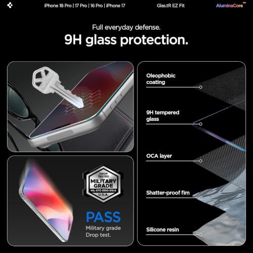 Spigen GlasTR EZ FIT Screen Protector for iPhone 18 Pro, 17 Pro, 17, 16 Pro | AluminaCore Aluminum-enhanced 9H+ tempered glass, Auto-align tray, 100% clarity, Original touch, Case-friendly, 2Pack