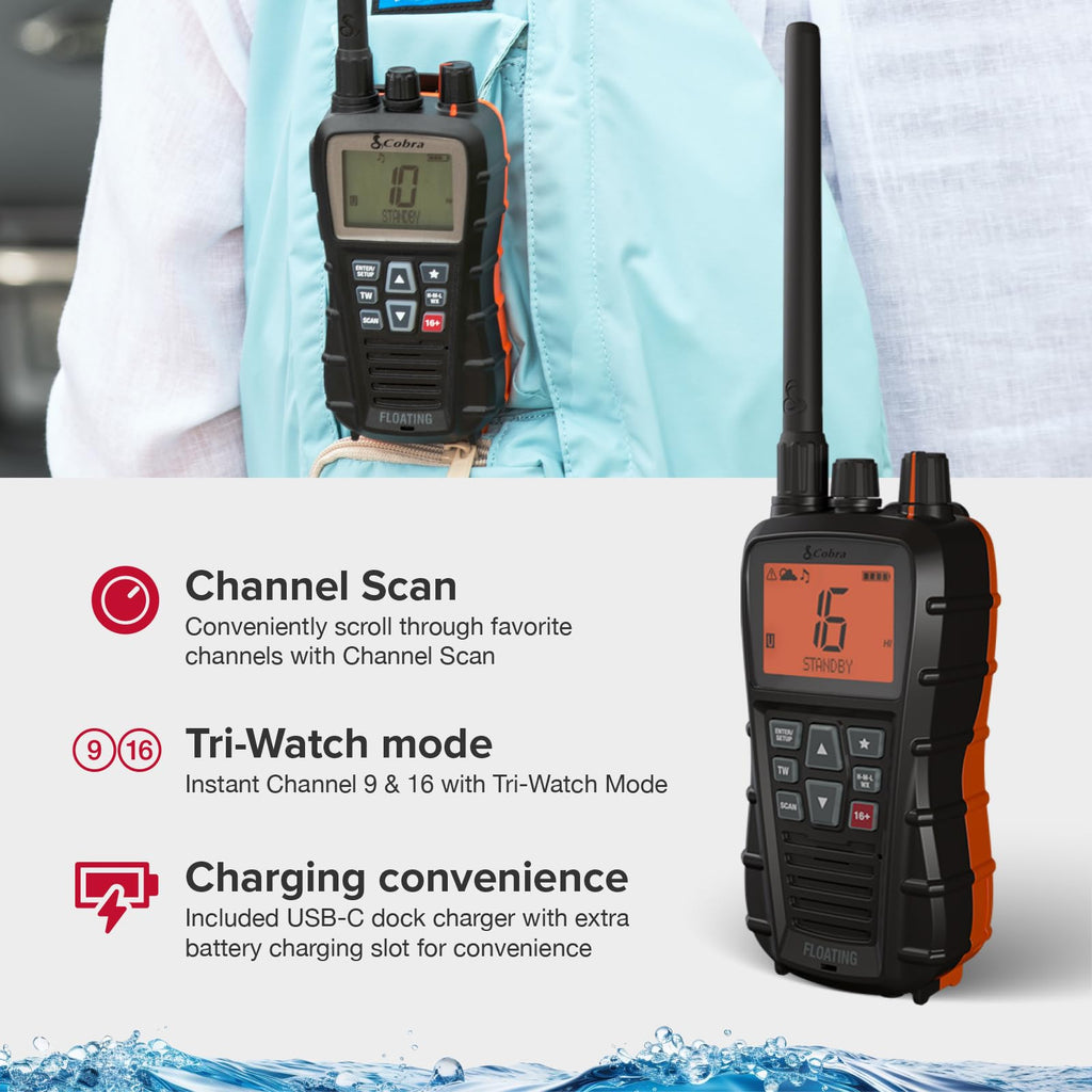 Cobra BlueBound 350 VHF Handheld Marine Radio, Black – 6-Watt, Floats | Long Range, NOAA Weather Alerts, International Functionality, IPX7 Waterproof, USB-C, Submersible, LCD Screen, Belt Clip