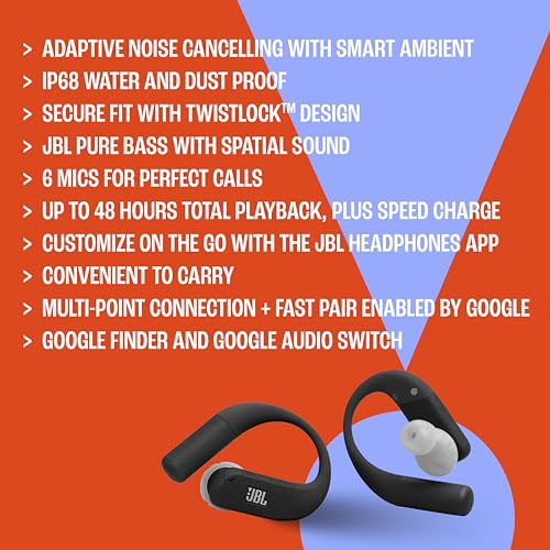 JBL Endurance Peak 4 - Wireless Noise Cancelling Sport Earbuds (Black/Grey) | Adaptive Noise Cancelling, IP68 water & dust proof, Secure fit with TwistLock™ design, Up to 48Hrs (12Hrs Buds + 36Hrs Case)