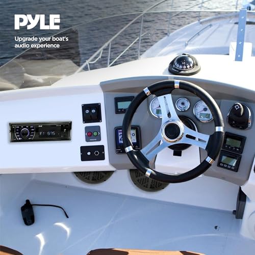 Pyle Marine Headunit Receiver Speaker Kit - In-Dash LCD Digital Stereo Built-in Bluetooth & Microphone w/ AM FM Radio System 5.25’’ Waterproof Speakers (2) MP3/SD Readers & Remote Control-PLMRKT46BK