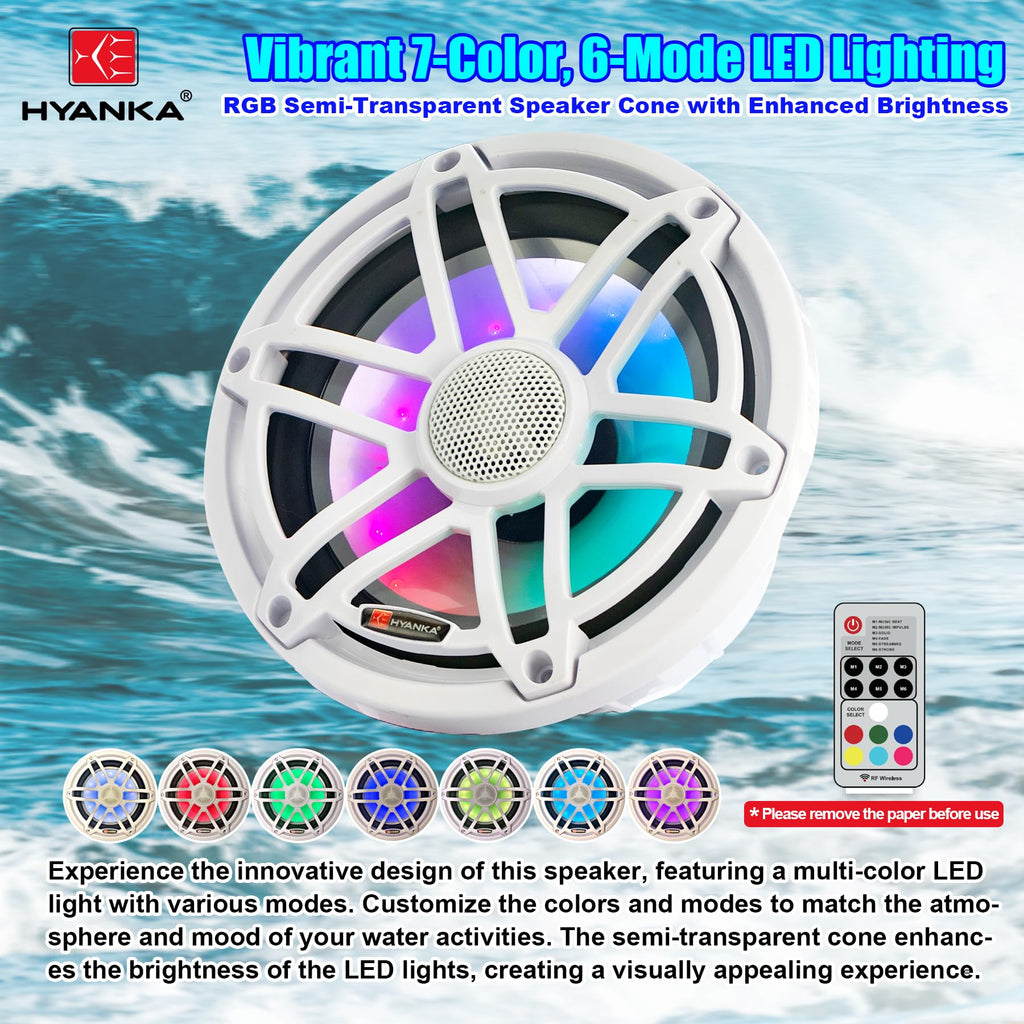 H YANKA HMS-65 6.5 Inch Marine Speakers, Waterproof, 750W, 7Color LED, Pair | 2‑Way marine‑grade coaxial speaker, IP67, salt‑UV resistant for durable long‑lasting use, for boats, utv, atv.