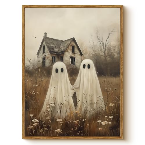 Vintage Halloween 12x16 Framed Canvas Wall Art, Rustic Cute Ghost Couple Haunted House Print, Country Spooky Holding Hands Ghosts Artwork, Creepy Farmhouse Autumn Fall Entryway Decor