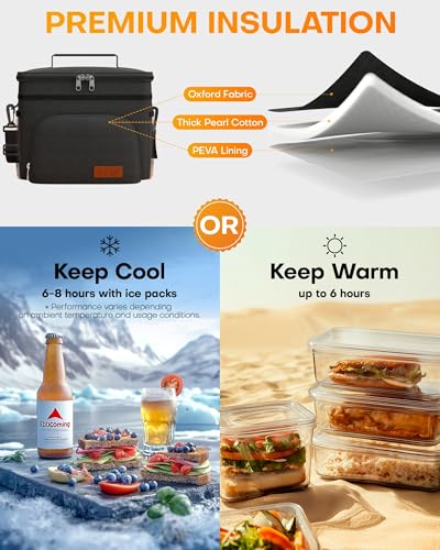 HOTOR Insulated Lunch Box Men Women Leak-Proof Cooler Lunch Bag 9L | 4 Pockets, Adjustable Strap, Ideal for Work, Picnic, Travel, Camping, Gift, Black