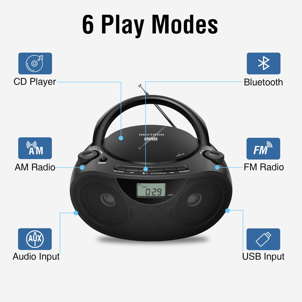 Nextron Portable CD Player Boombox with Bluetooth, AM/FM Radio & USB | CD-R/RW, MP3-CD & USB Playback, Stereo Sound, Bass Boost, AUX Input, Headphone Jack, LCD Display, AC/Battery Powered - Black