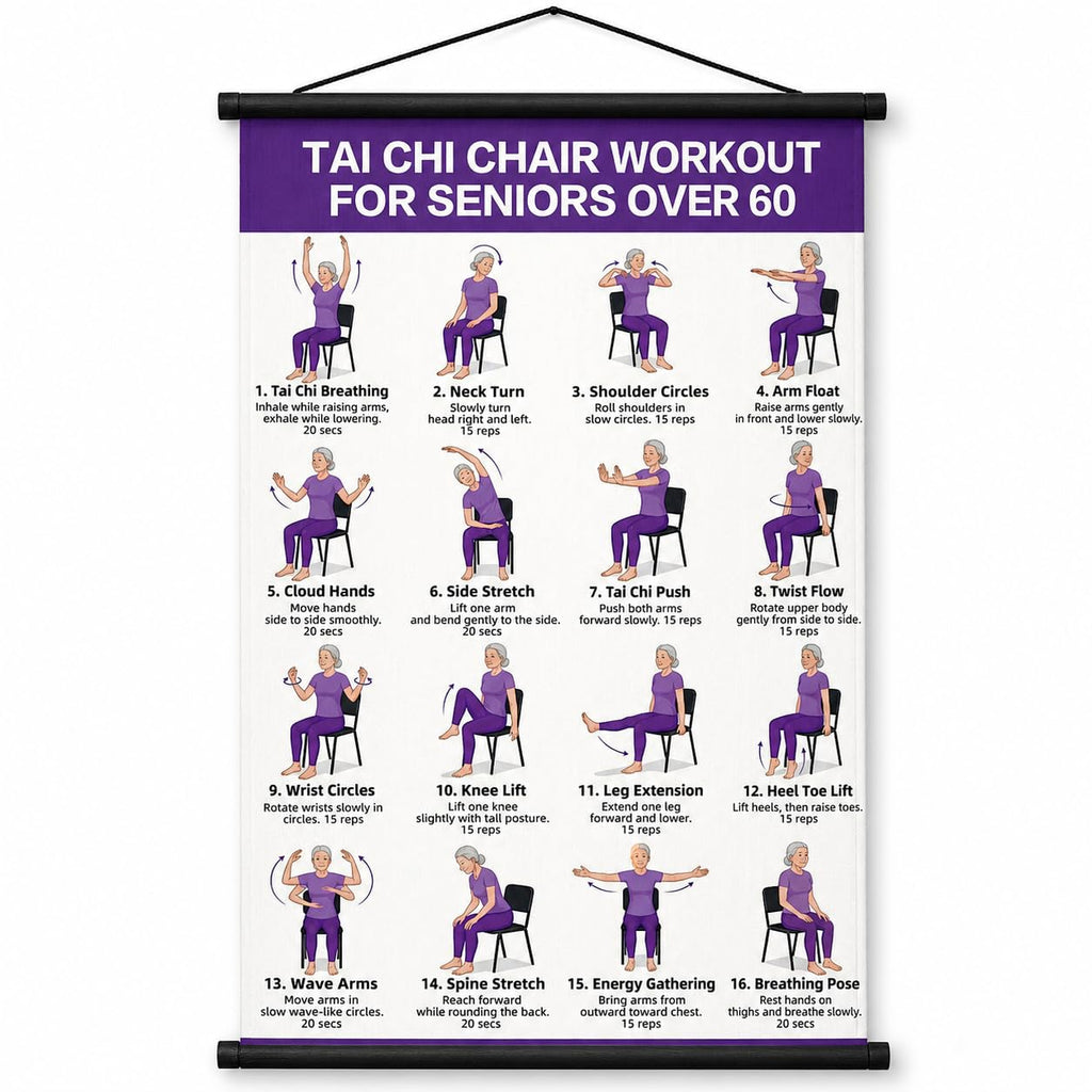 Tai Chi Chair Workout Chart, Chair Tai Chi for Seniors Poster, 16 x 24 Inch | Seated Tai Chi for Beginners: 16 Illustrated Chair Exercises for Balance, Flexibility and Mobility, Easy to Roll Up and Store