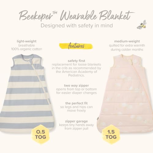 Burt's Bees Baby Organic Beekeeper Infant Wearable Blanket, Unisex Swaddle | Cozy 2-way zip sleep sack is available in lightweight 0.5 TOG or medium weight 1.5 TOG options for a great night's sleep