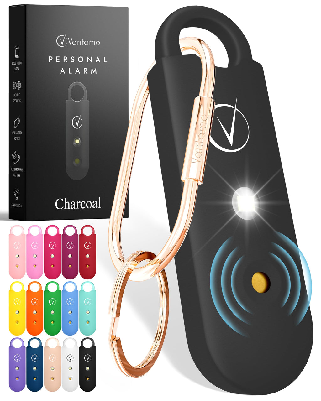 Vantamo Personal Alarm for Self Defense with Low Battery Notice, Strobe Light & Extra Loud 130 dB Double Speakers Safety Keychain Set for Women, Rechargeable Panic Button for Womens Self Defense
