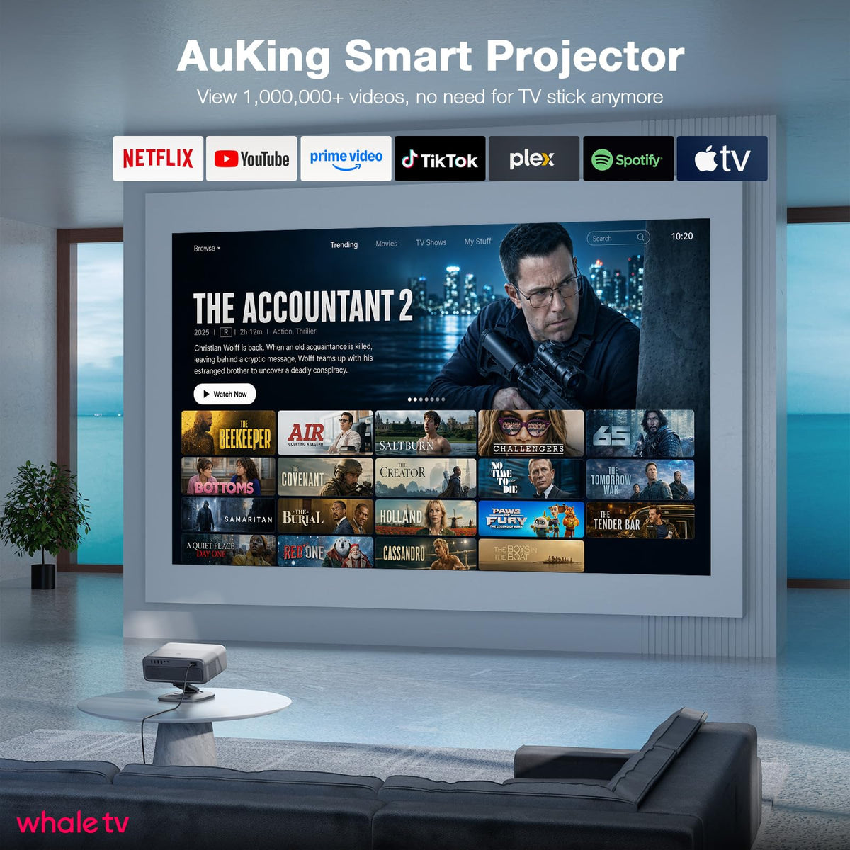 AuKing 5000 ANSI & 70W Dolby 4K Outdoor Projector with Auto Focus | Smart Projector with WiFi and Bluetooth. Officially-Licensed APP. HDR10+ 4K color. For home theater, outdoor movie nights.