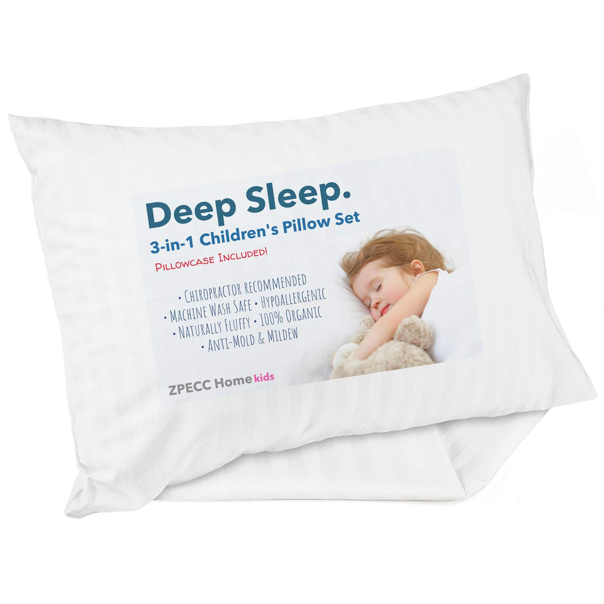 ZPECC Toddler Pillow with Organic Cotton Pillowcase - 13x18, White Stripe