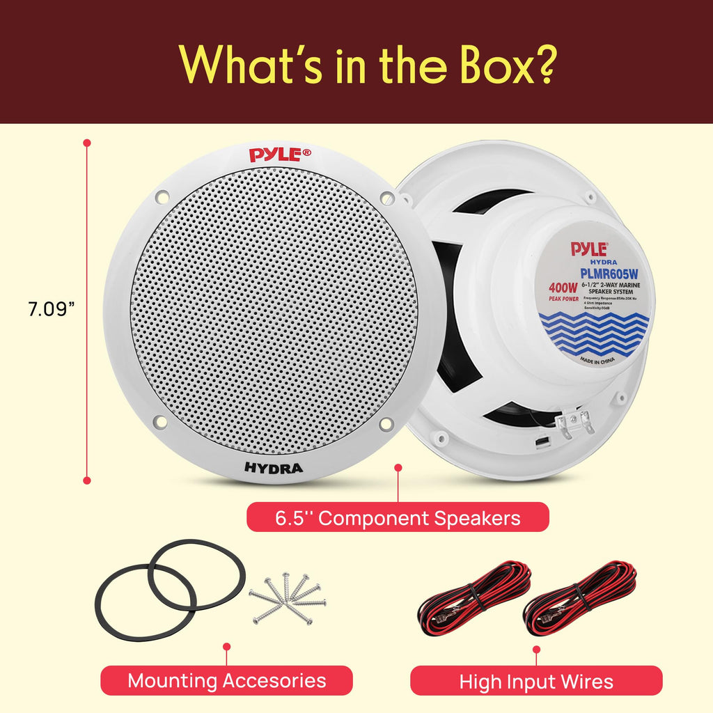 Pyle 6.5 Inch Dual Marine Speakers - 2 Way Waterproof and Weather Resistant Outdoor Stereo Sound System with 400 Watt Power, Polypropylene Cone and Butyl Rubber Surround - 1 Pair - PLMR605W(White)