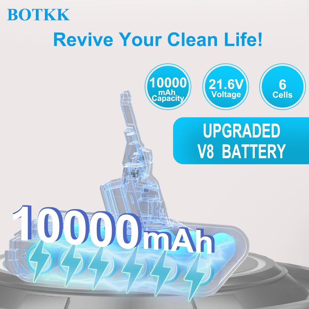 BOTKK 10000mAh Professional Replacement for Dyson V8 Battery SV10 SV25 | 21.6V Li-ion Compatible with Dyson V8 Animal Absolute Motorhead Fluffy Cordless Vacuum Cleaners 215681 967834-08 405814